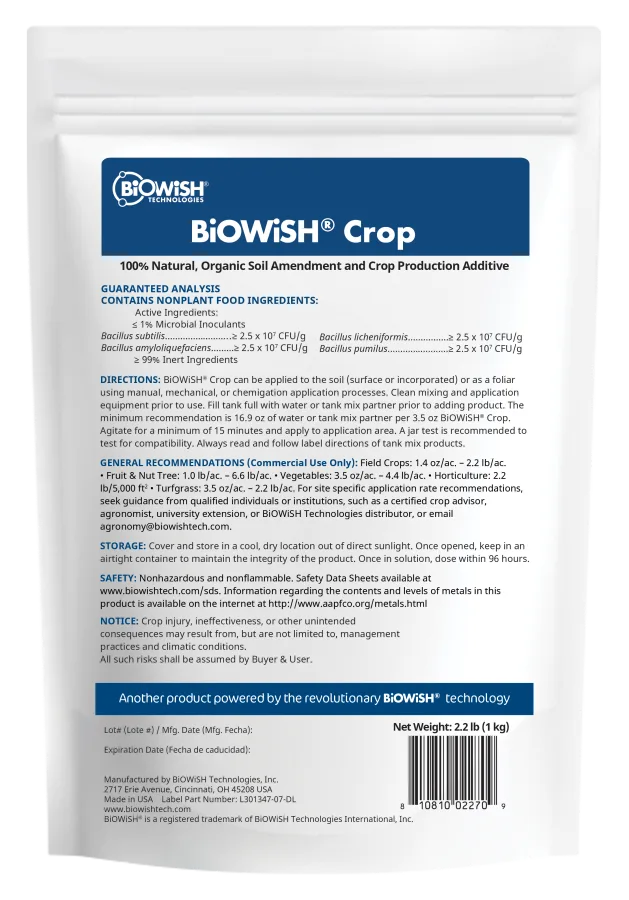BiOWiSH® Crop, 2.2 lb (1 kg) white stand-up pouch, front label reading "100% Natural, Organic Soil Amendment and Crop Production Additive" (hero SKU BIO0159)