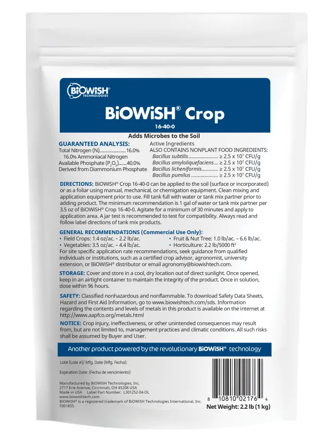 BiOWiSH® Crop 16-40-0, 2.2 lb (1 kg) pouch, "Adds Microbes to the Soil"