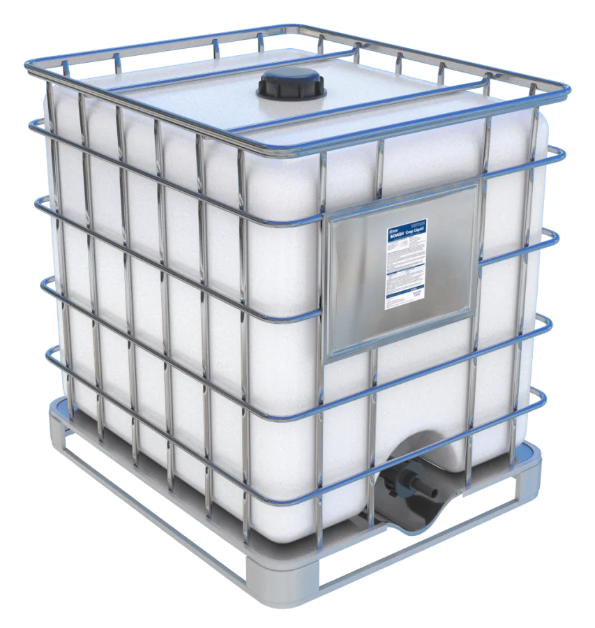BiOWiSH® Crop Liquid, caged IBC tote with product label, on transparent background