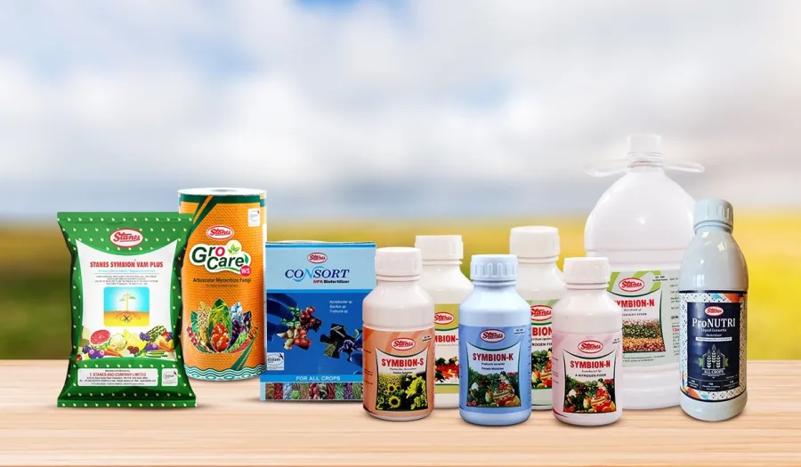 Bio Fertilizers range: Stanes Symbion VAM Plus pouch, Gro Care WS, Consort NPK Biofertilizer carton, Symbion-S, Symbion-K, Symbion-N bottles and ProNUTRI Liquid Consortia