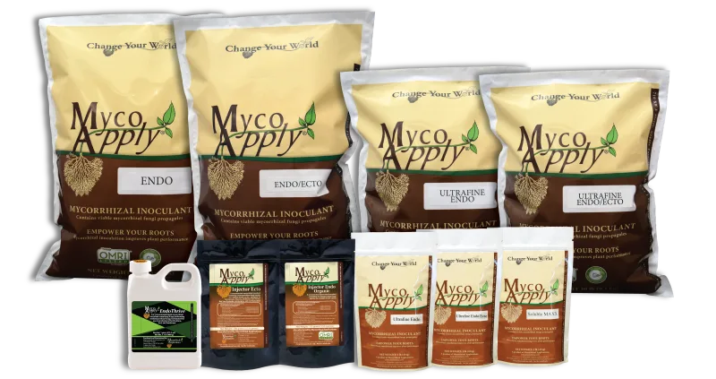 MycoApply range group shot: MycoApply Endo, Endo/Ecto, Ultrafine Endo, Ultrafine Endo/Ecto bags with MycoApply EndoThrive liquid, Injector Endo, Injector Endo Organic, Ultrafine Endo, Ultrafine Endo Organic and Soluble MAXX packs