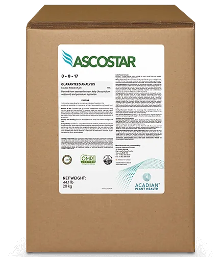 AscoStar™, soluble Ascophyllum nodosum powder biostimulant, 20 kg / 44.1 lb carton (0-0-17, OMRI Listed)