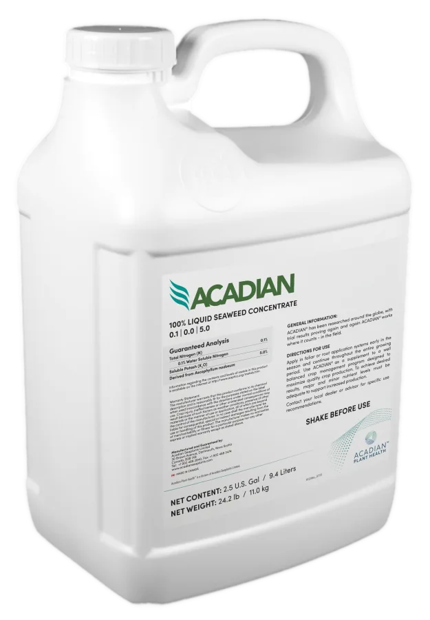 Acadian™, 100% liquid seaweed concentrate 0.1 | 0.0 | 5.0, 2.5 US gal / 9.4 L jug