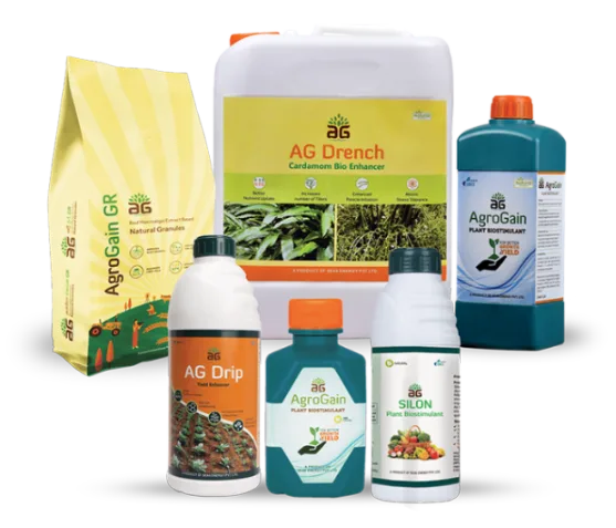 Sea6 Energy biostimulant range: AgroGain GR granule pouch, AG Drench (Cardamom Bio Enhancer) jerrycan, AgroGain Plant Biostimulant 1 L bottle, AG Drip (Yield Enhancer), AgroGain Plant Biostimulant small pack and AG Silon Plant Biostimulant