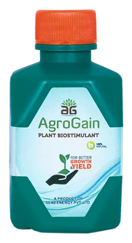 AgroGain - Plant Biostimulant (green small pack bottle, orange cap, "For Better Growth & Yield", a product of Sea6 Energy Pvt Ltd)