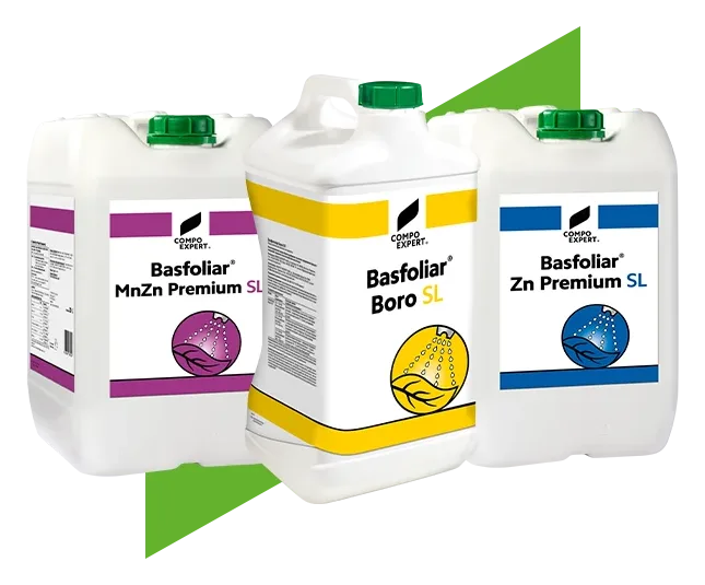 Basfoliar® micronutrient range: Basfoliar® MnZn Premium SL, Basfoliar® Boro SL and Basfoliar® Zn Premium SL canisters