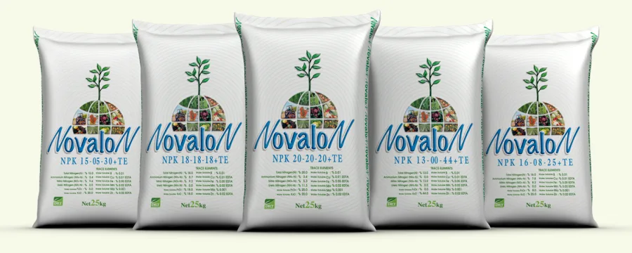 Novalon NPK range, five 25 kg bags: NPK 15-05-30+TE, 18-18-18+TE, 20-20-20+TE, 13-00-44+TE, 16-08-25+TE