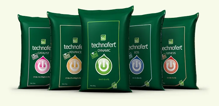 Technofert series, five 25 kg bags: Catalyst 19-06-14+5MgO+3.5S, Advance 17-06-29+4MgO+3S, Dynamic 18-13-21+TE, EOS 14-13-30+TE, Genesis 10-38-11+TE