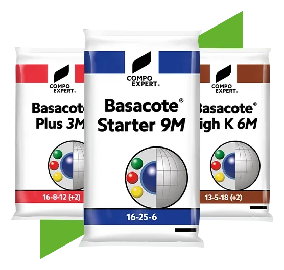 Basacote® range group shot: three 25 kg bags together, Basacote® Plus 3M 16-8-12 (+2), Basacote® Starter 9M 16-25-6, Basacote® High K 6M 13-5-18 (+2)