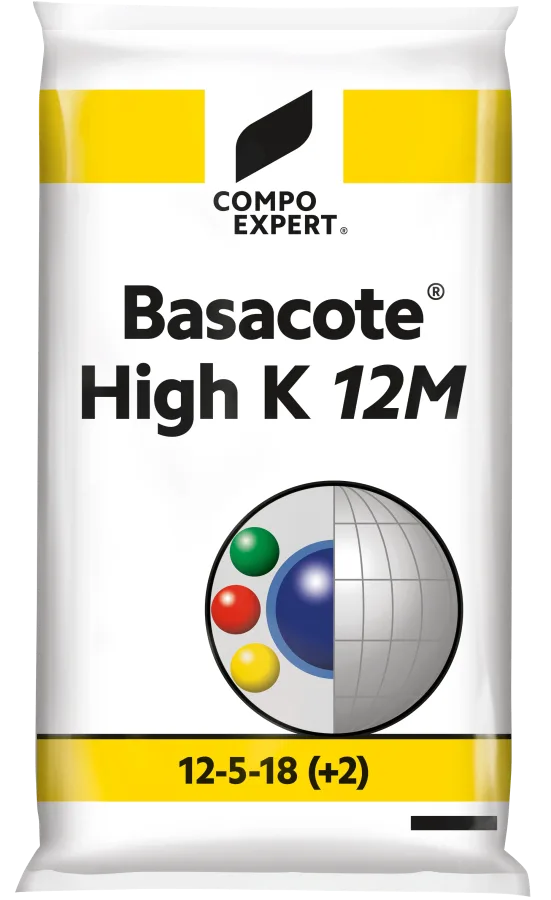 Basacote® High K 12M 12-5-18(+2), 25 kg bag pack shot (this is how COMPO EXPERT names the 12-month High K SKU; the 12M grade is declared 12-5-18, not 13-5-18)