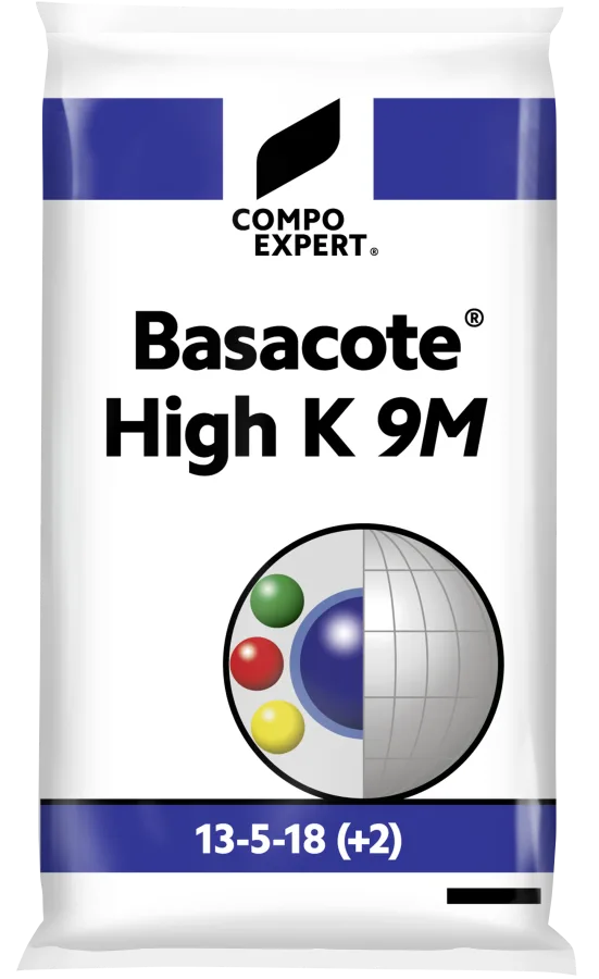 Basacote® High K 9M 13-5-18(+2), 25 kg bag pack shot (hero image on its own product page; the 13-5-18 grade named in the brief)