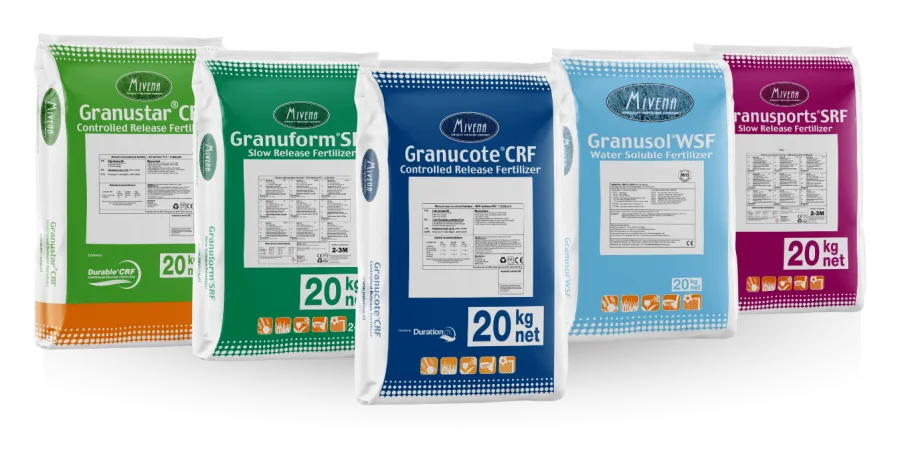 Mivena specialty fertilizer range: Granustar CRF, Granuform SRF, Granucote CRF, Granusol WSF and Granusports SRF, all in 20 kg net bags