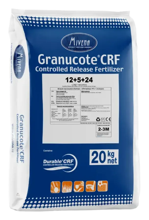 Granucote CRF Controlled Release Fertilizer 12+5+24 (+2 MgO + micronutrients), 2-3M longevity, 20 kg net bag with Durable CRF mark