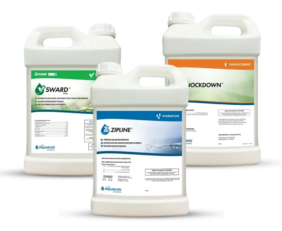 Aquatrols product grouping: VerdeLNX GRN Sward 0-0-5, Zipline and Knockdown 2.5-gallon and 1-gallon jugs