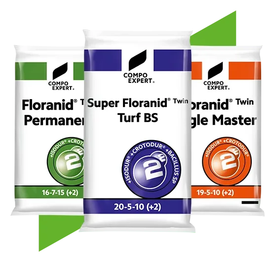Floranid® Twin range group shot, three bags together: Floranid® Twin Permanent 16-7-15 (+2), Super Floranid® Twin Turf BS 20-5-10 (+2), Floranid® Twin Eagle Master 19-5-10 (+2)