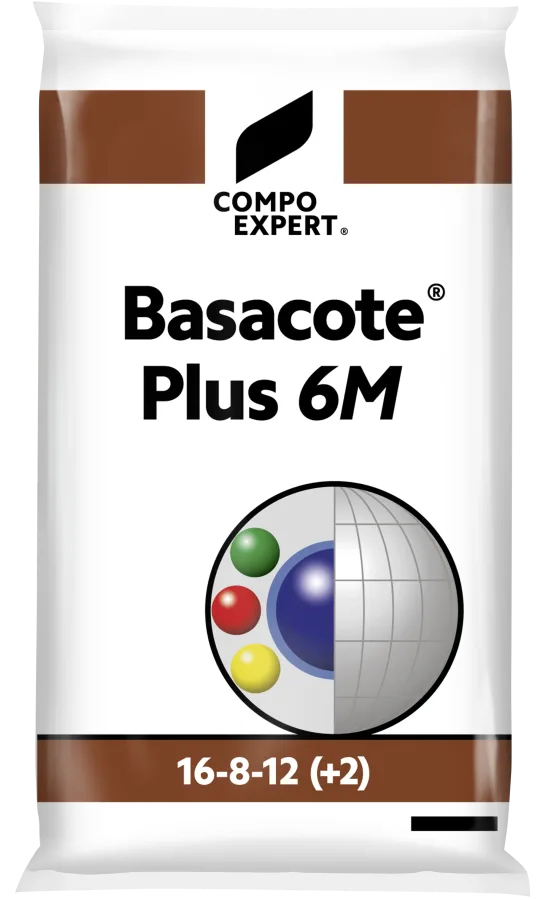 Basacote® Plus 6M 16-8-12(+2+TE), hero SKU pack shot, brown-banded COMPO EXPERT bag, front reads "Basacote® Plus 6M / 16-8-12 (+2)"; product page states Form of Delivery: 25 kg bag