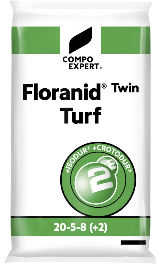Floranid® Twin Turf 20-5-8(+2), green-banded COMPO EXPERT bag with the +ISODUR® +CROTODUR® double-N roundel; turf line for resort landscape and sports turf