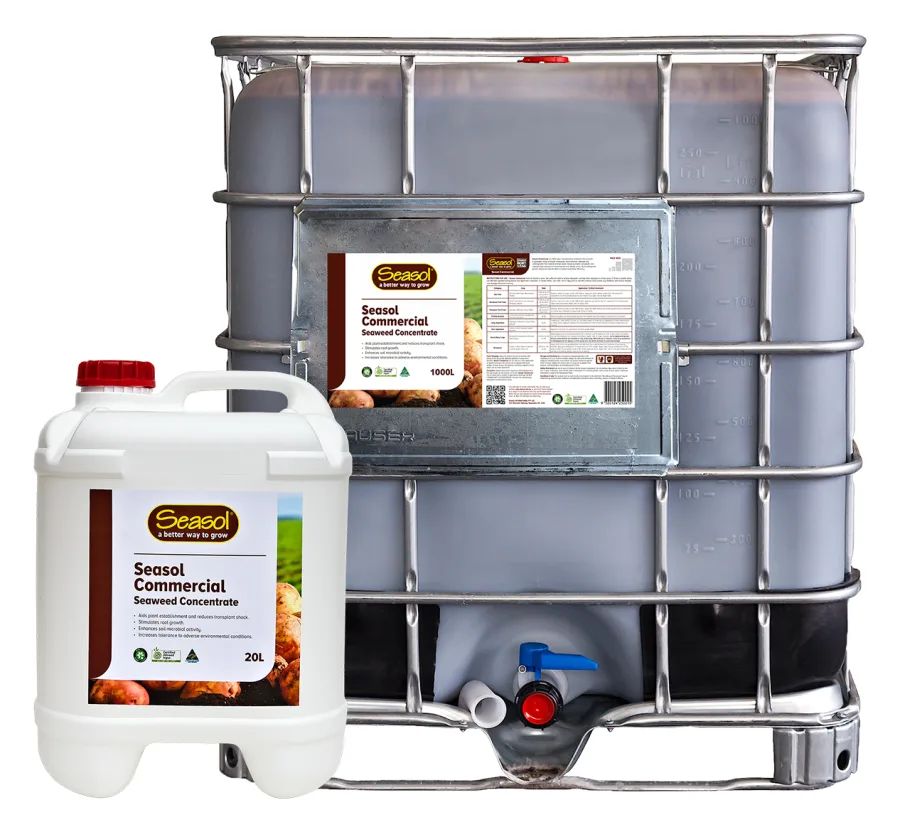 Seasol Commercial Seaweed Concentrate, 20L drum and 1000L IBC shown together (export / commercial range shot)