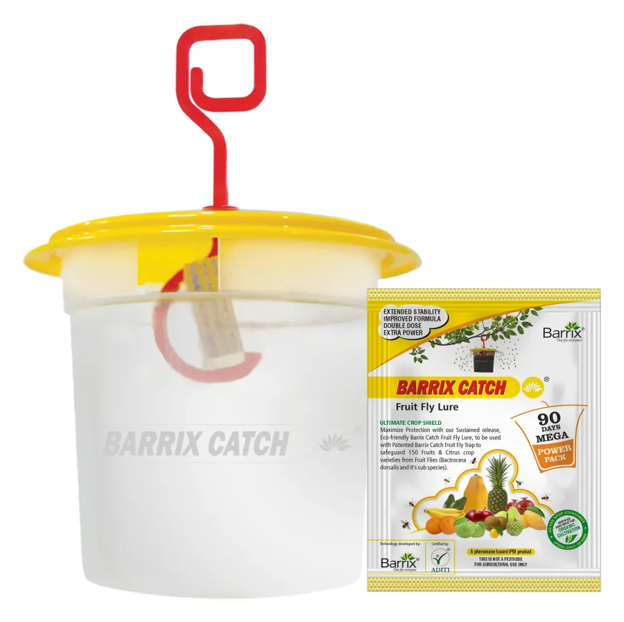 Barrix Catch Fruit Fly Trap Set (assembled trap body plus the Barrix Catch Fruit Fly Lure 90 Days Mega Power Pack sachet shown together)