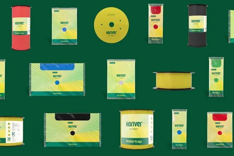 Horiver by Koppert packaging range: Wetstick, Drystick, Rollertrap and Disc packs in all colour variants (new 2024 packaging design)