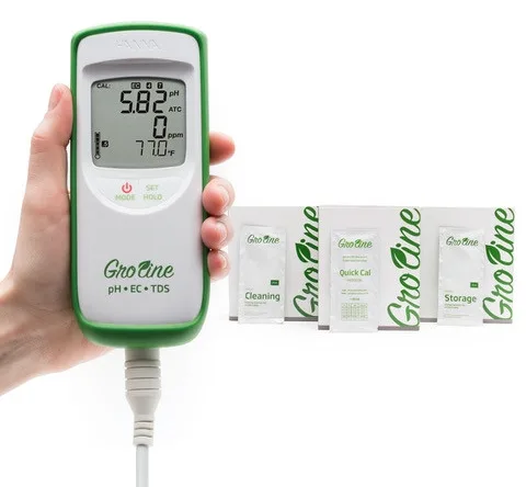 GroLine Waterproof Portable pH/EC/TDS/Temperature Hydroponics Meter Kit (HI9814K) - meter, 3-in-1 probe, Quick Cal and cleaning sachets, storage solution and protective boot shown together
