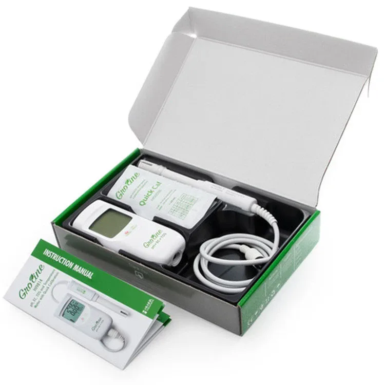 HI9814 GroLine Waterproof Portable pH/EC/TDS Meter - in-box kit view with probe and calibration sachets