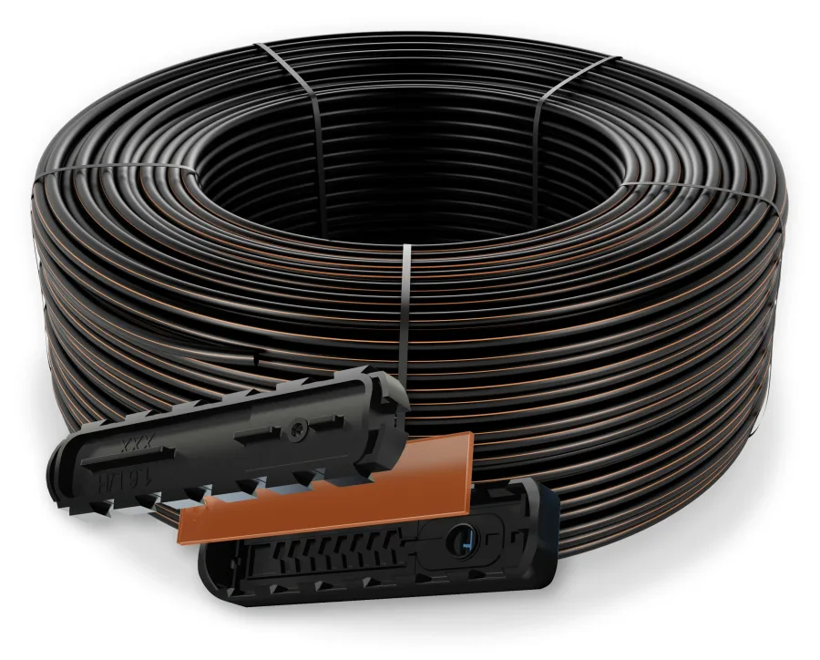 UniRam™ AS, integral pressure-compensated, anti-siphon, continuously self-flushing heavywall dripline, shown as a factory coil with the TurboNet™ dripper cutaway