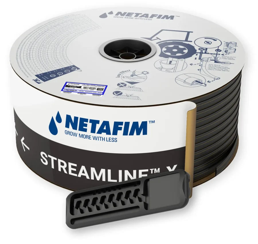 Streamline™ X thinwall dripline, Netafim-branded reel/spool pack shot with the flat inline dripper in front