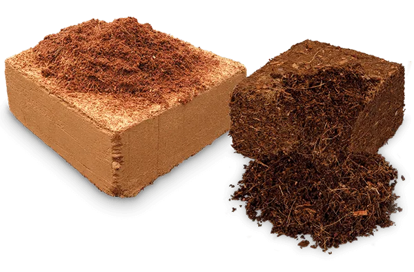 Coconut blocks: pressed 5-kilo block of 100% pure coco pith (washed / buffered-washed) shown next to a broken block with loosened coco pith