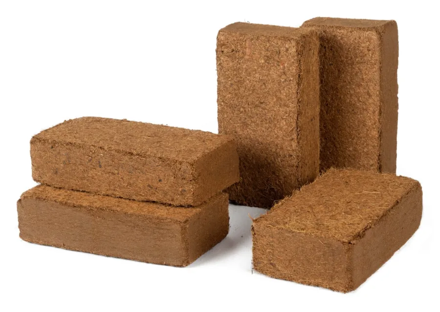 Grow Bricks, four compressed coir bricks/blocks grouped on white, Hayleys Fibre studio shot