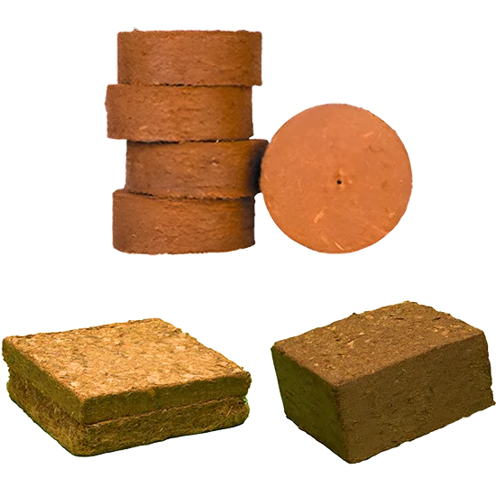 Pelemix Bricks/Blocks/Bales, coir discs, compressed blocks and bricks shown together on white