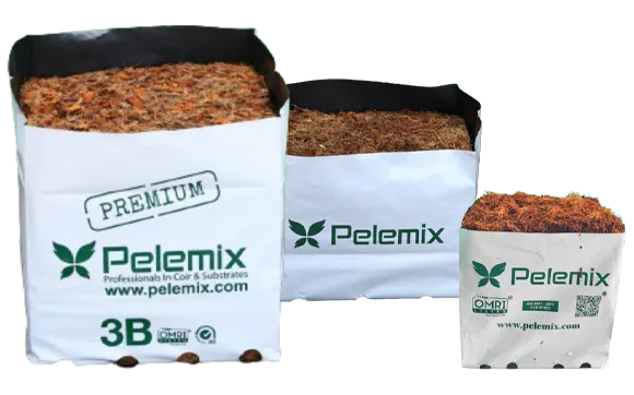 Pelemix Open Tops, three sizes of branded Pelemix Open Top coir bags, including the PREMIUM 3B, OMRI-marked