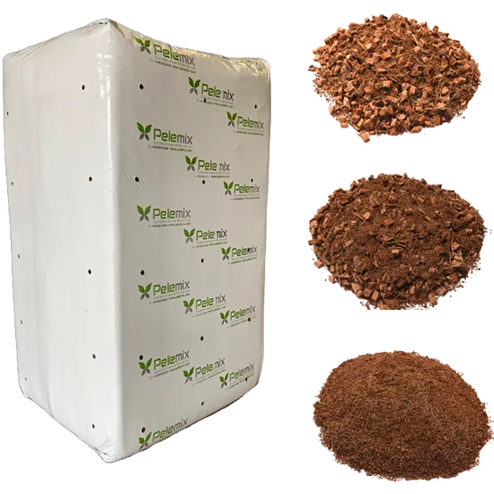 Pelemix Loose/Blend, branded shrink-wrapped compressed coir bale with the three coir grades (chip, pith+chip blend, pith) alongside