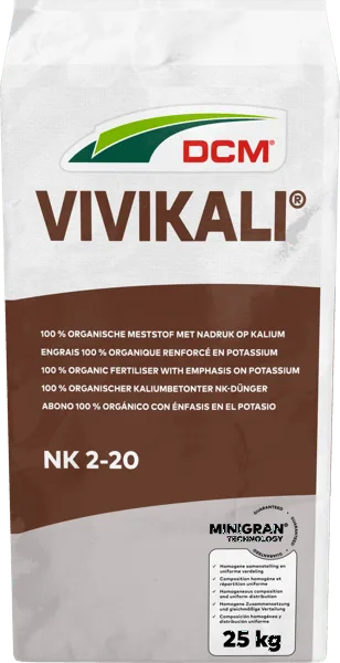 DCM VIVIKALI®, compound organic fertiliser NK 2-20, 25 kg | Minigran®, front pack shot (DCM Code 1000231)