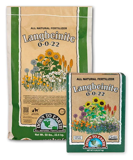 Langbeinite 0-0-22, full pack range shown together (5 lb box and 50 lb bag)