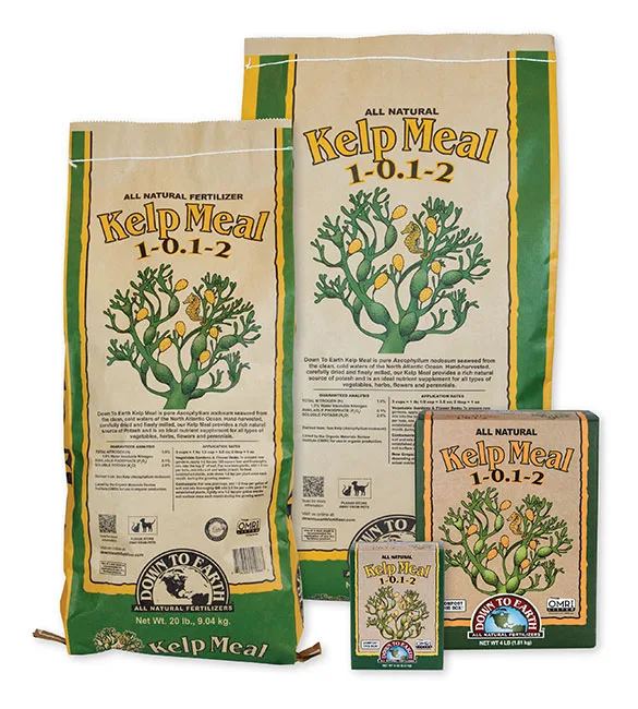 Kelp Meal 1-0.1-2, pack range shown together (box and bag sizes)