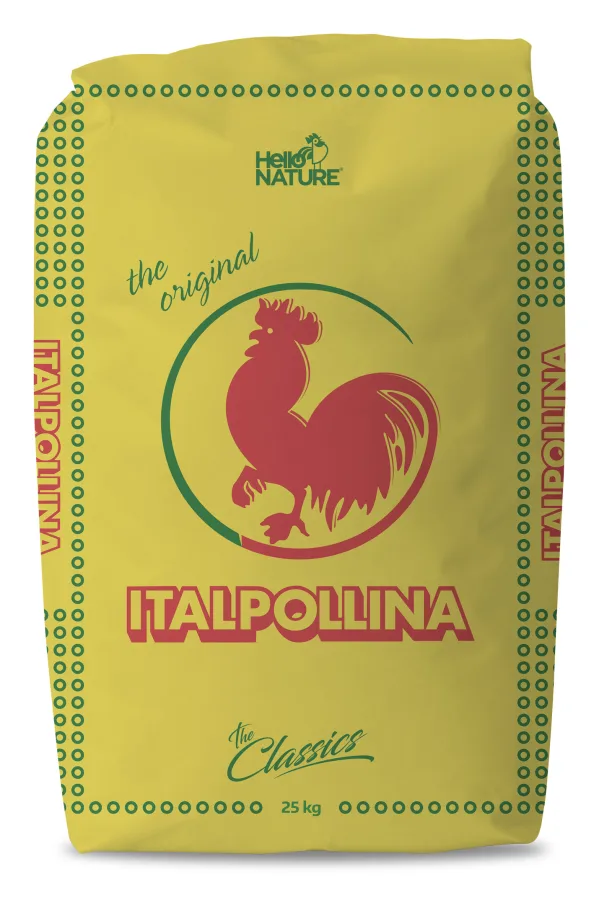Italpollina 4-4-4, 25 kg bag of dried pelleted poultry manure, yellow "The Original / The Classics" pack with the red rooster