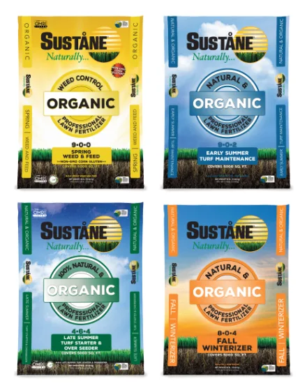 Suståne 4-Step Lawn Care Program, four bags shown together: 9-0-0 Spring Weed & Feed, 9-0-2 Early Summer Turf Maintenance, 4-6-4 Late Summer Turf Starter & Over Seeder, 8-0-4 Fall Winterizer