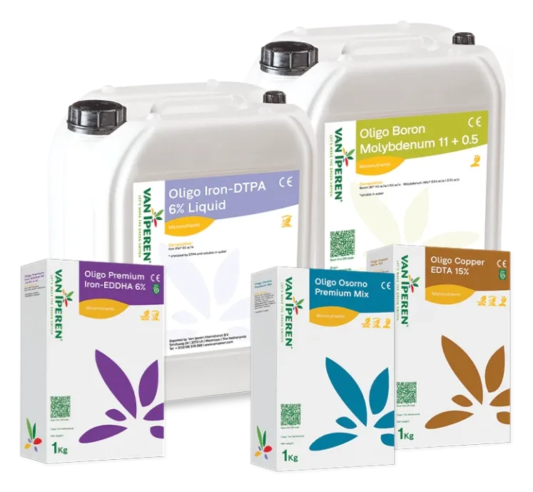 Micronutrients range overview - Van Iperen's full range of chelated and non-chelated Micronutrients in solid and liquid form (Oligo boxes, cans and bottles together)