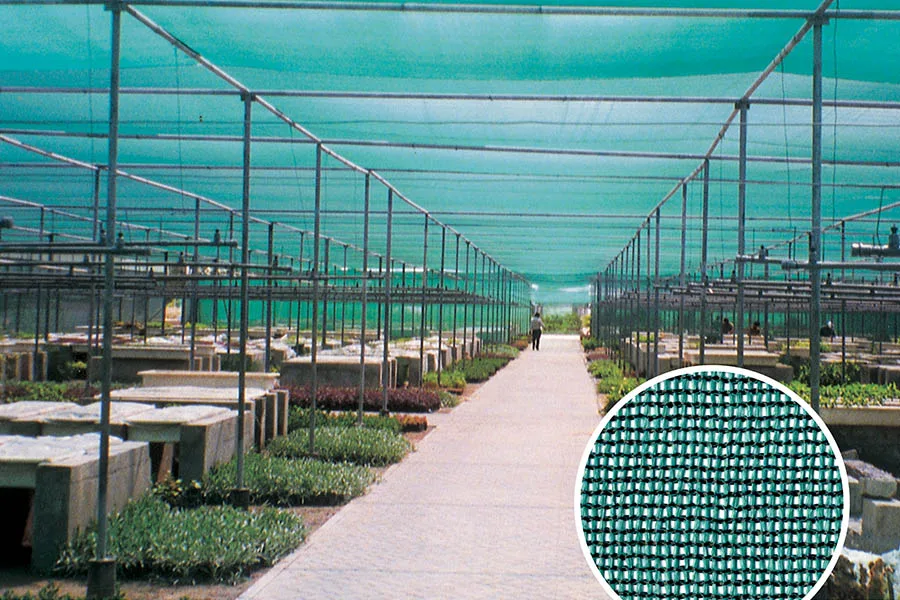 Rakshak Agro Shade Nets, primary product image on the Rakshak Agro Shade Nets page (green knitted HDPE shade net installed over a nursery structure, with an inset close-up of the knitted mesh)