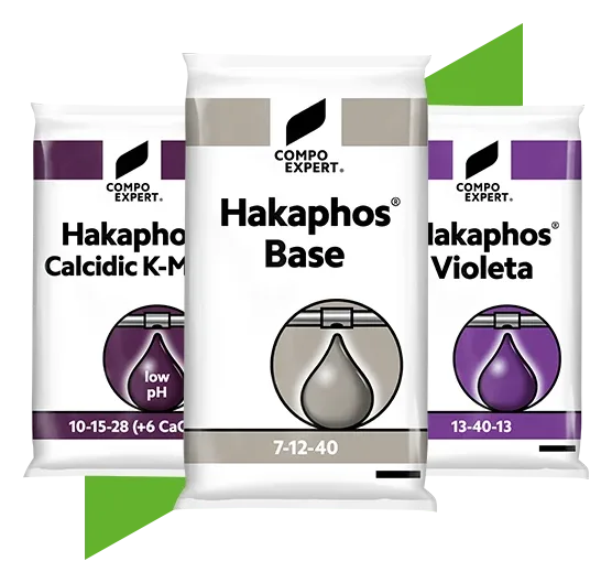 Hakaphos family bags: Hakaphos Calcidic K-Max 10-15-28 (+6 CaO, low pH), Hakaphos Base 7-12-40 and Hakaphos Violeta 13-40-13