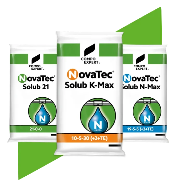 NovaTec Solub family bags: NovaTec Solub 21 (21-0-0), NovaTec Solub K-Max 10-5-30 (+2+TE) and NovaTec Solub N-Max 19-5-5 (+2+TE)