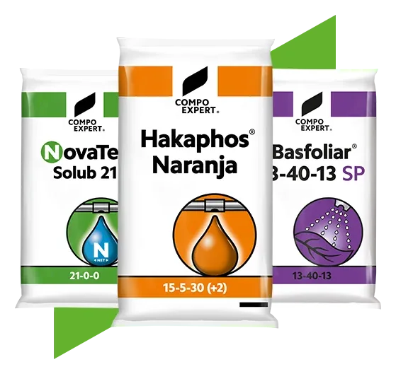 Water Soluble & Stabilized Water Soluble Fertilizers range: NovaTec Solub 21 (21-0-0), Hakaphos Naranja 15-5-30 (+2) and Basfoliar 13-40-13 SP bags