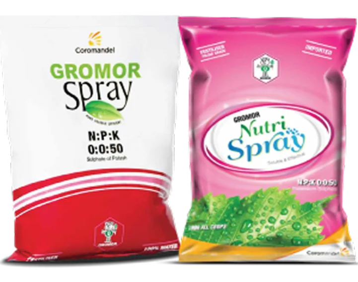 Gromor Spray 0-0-50 - 0:0:50 (Potassium Sulphate) for foliar application, pack size 1 kg; shown with the Gromor Nutri Spray 0:0:50 pack