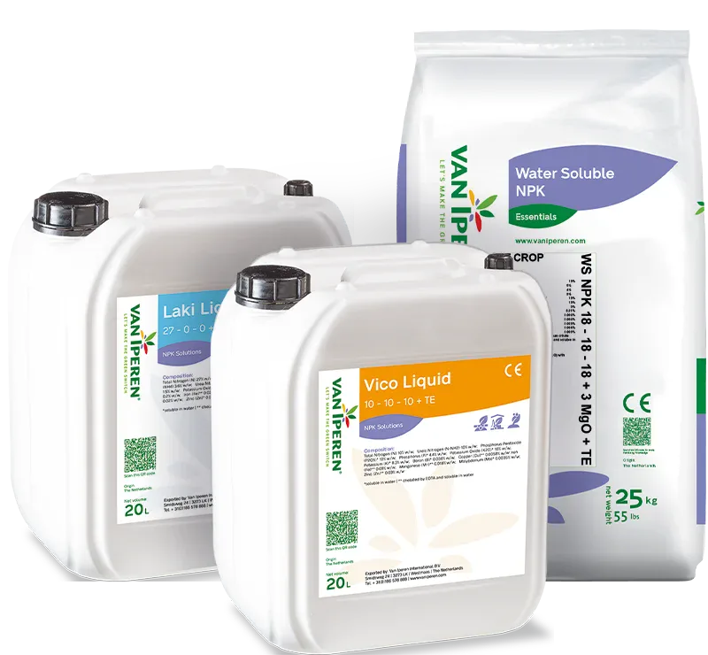NPK Solutions range: Laki Liquid 27 - 0 - 0 + MgO + TE and Vico Liquid 10 - 10 - 10 + TE 20 L jerrycans with a 25 kg Water Soluble NPK 18 - 18 - 18 + 3MgO + TE bag